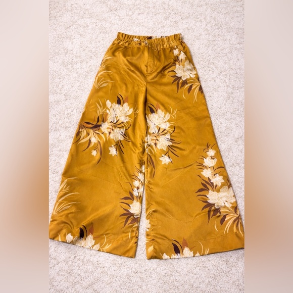 Express Pants - Express x Rocky Barnes Mustard Floral Wide Leg Pants XS